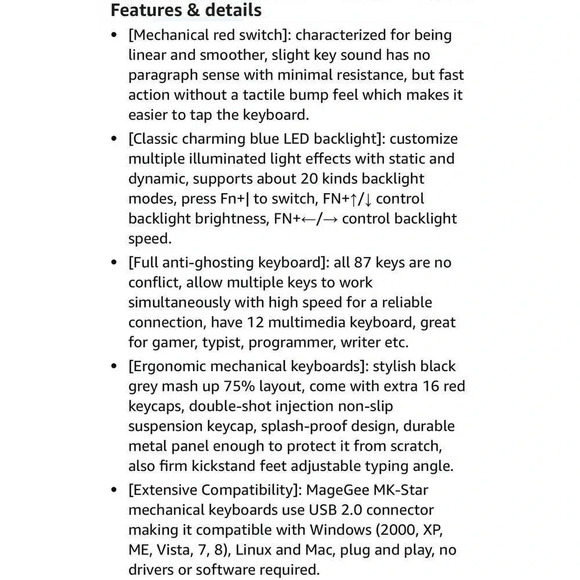 MageGee 75% Mechanical Gaming Keyboard Black Gray LED Backlit Key USB + Red Keys - Picture 12 of 12